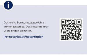 Kontaktdaten der Notariate als Link und QR-Code.