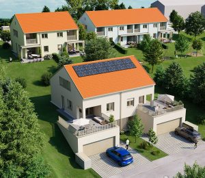Am Foto sind die drei Gebäude des Bauprojektes zu sehen.