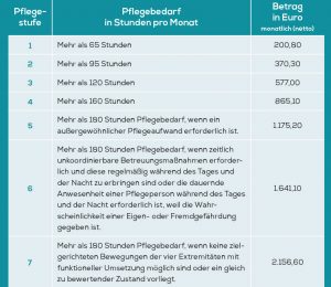 Am Foto sind die 7 Pflegegeldstufen inklusive dem gesetzlichem Pflegegeldbedarf zu sehen.