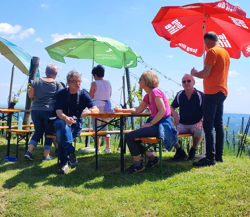 Am Bild sieht man die Pensionisten bei der Rast eines Spazierganges.